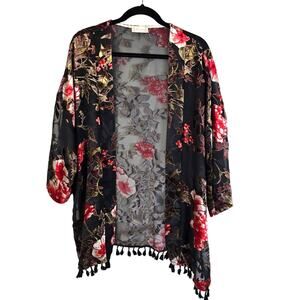 Altar'd State Velvet Burnout Kimono M Red Floral Fringe Whimsigoth Forest Fairy